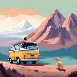 A magical landscape with mountains, a van, and a teenage girl with a golden retriever dog.