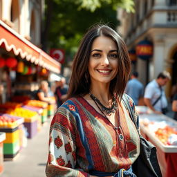 A woman of Turkish descent with dark hair, aged between 30 and 45 years, dressed in fashionable and culturally inspired clothing