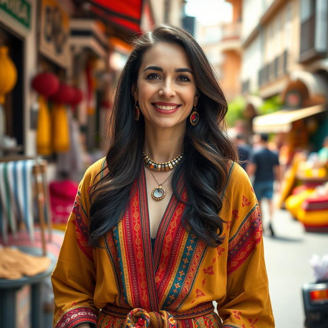 A woman of Turkish descent with dark hair, aged between 30 and 45 years, dressed in fashionable and culturally inspired clothing