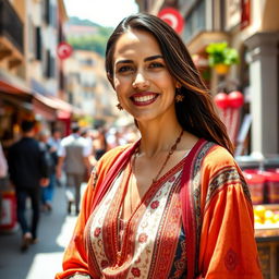A woman of Turkish descent with dark hair, aged between 30 and 45 years, dressed in fashionable and culturally inspired clothing