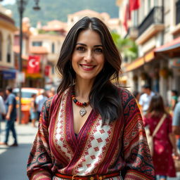 A woman of Turkish descent with dark hair, aged between 30 and 45 years, dressed in fashionable and culturally inspired clothing
