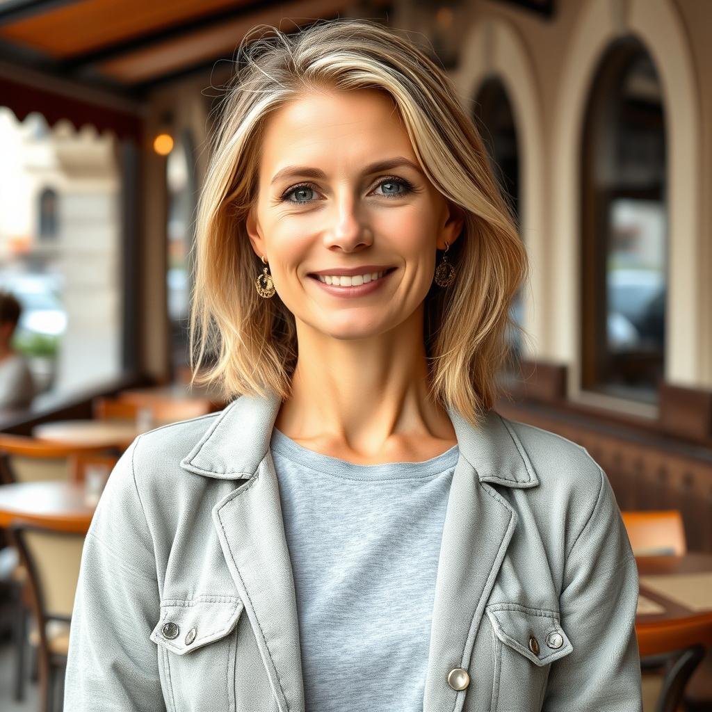 A full-length photograph of a woman aged between 30 to 45, displaying a natural appearance with minimal makeup and well-groomed hair