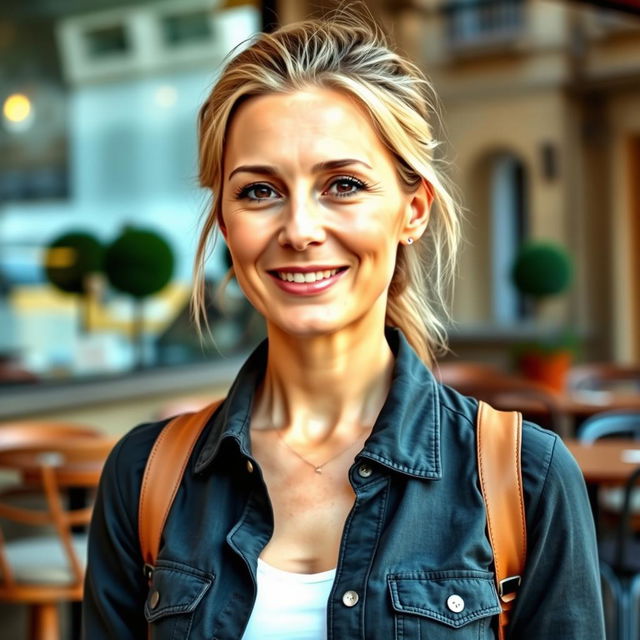 A full-length photograph of a woman aged between 30 to 45, displaying a natural appearance with minimal makeup and well-groomed hair