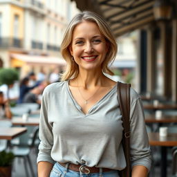 A full-length photograph of a woman aged between 30 to 45, displaying a natural appearance with minimal makeup and well-groomed hair