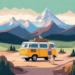 A magical landscape with mountains, a van, and a teenage girl with a golden retriever dog.