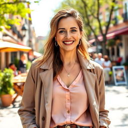 A woman of European descent, aged between 30 and 45 years, dressed in fashionable and casual attire suitable for a refreshing day out