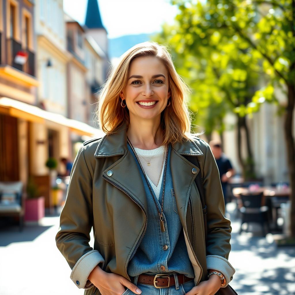 A woman of European descent, aged between 30 and 45 years, dressed in fashionable and casual attire suitable for a refreshing day out