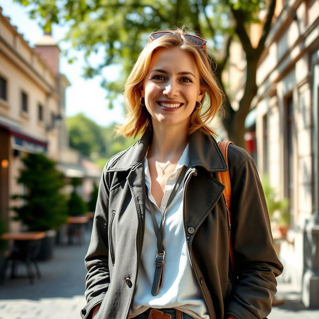 A woman of European descent, aged between 30 and 45 years, dressed in fashionable and casual attire suitable for a refreshing day out