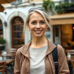 A full-length photograph of a woman aged between 30 to 45, showcasing a natural appearance with minimal makeup and well-groomed hair