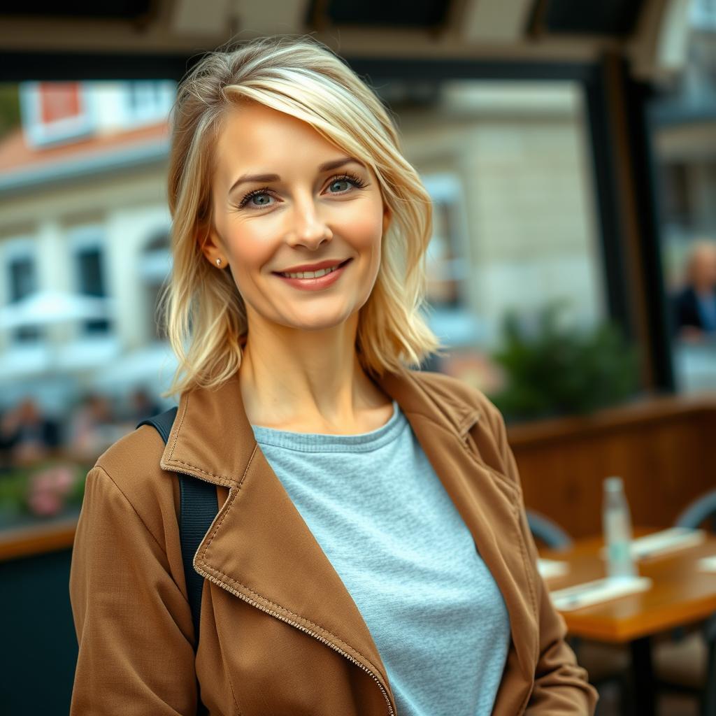 A full-length photograph of a woman aged between 30 to 45, showcasing a natural appearance with minimal makeup and well-groomed hair