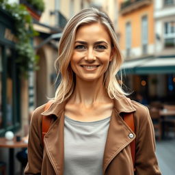 A full-length photograph of a woman aged between 30 to 45, showcasing a natural appearance with minimal makeup and well-groomed hair