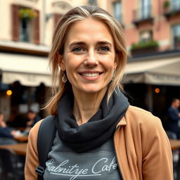 A full-length photograph of a woman aged between 30 to 45, showcasing a natural appearance with minimal makeup and well-groomed hair
