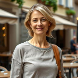 A full-length photograph of a woman aged between 30 to 45, showcasing a natural appearance with minimal makeup and well-groomed hair