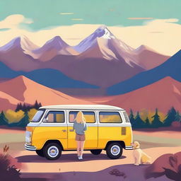 A magical landscape with mountains, a van, and a teenage girl with a golden retriever dog.