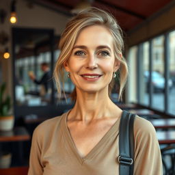 A full-length photograph of a woman aged between 30 to 45, showcasing a natural appearance with minimal makeup and well-groomed hair