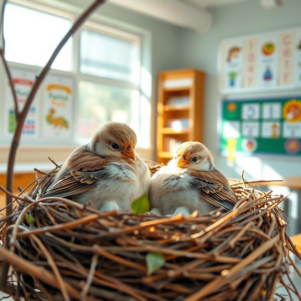 A cozy scene inside a school nest, depicting a serene atmosphere