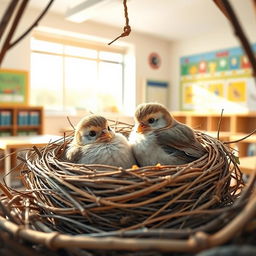 A cozy scene inside a school nest, depicting a serene atmosphere