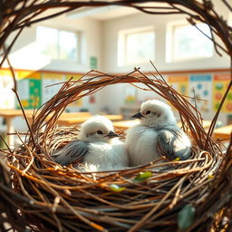 A cozy scene inside a school nest, depicting a serene atmosphere