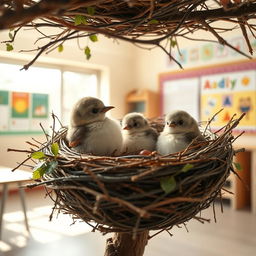 A cozy scene inside a school nest, depicting a serene atmosphere