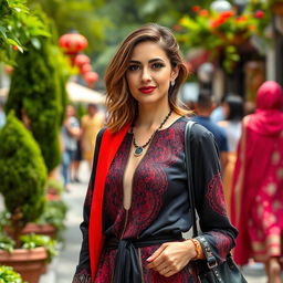 A woman of Turkish descent, aged between 30 and 45 years, dressed in stylish and contemporary attire that reflects her cultural background