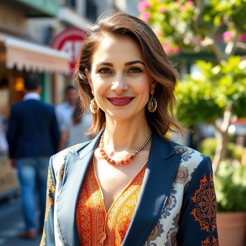 A woman of Turkish descent, aged between 30 and 45 years, dressed in stylish and contemporary attire that reflects her cultural background