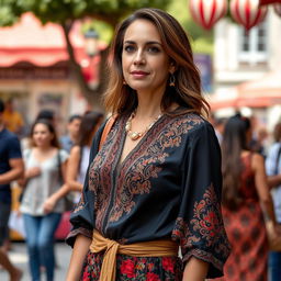 A woman of Turkish descent, aged between 30 and 45 years, dressed in stylish and contemporary attire that reflects her cultural background