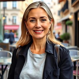 A full-length photograph of a woman aged between 30 to 45, featuring a natural look with minimal makeup and well-groomed hair