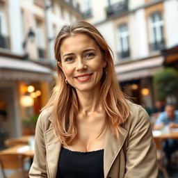 A full-length photograph of a woman aged between 30 to 45, featuring a natural look with minimal makeup and well-groomed hair