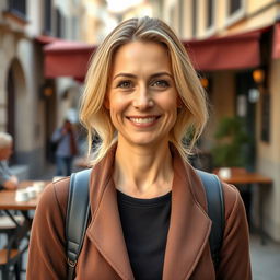 A full-length photograph of a woman aged between 30 to 45, featuring a natural look with minimal makeup and well-groomed hair