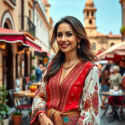 A woman of Turkish descent, aged between 30 and 45 years, elegantly dressed in a stylish outfit that blends modern and traditional elements