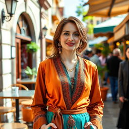 A woman of Turkish descent, aged between 30 and 45 years, elegantly dressed in a stylish outfit that blends modern and traditional elements