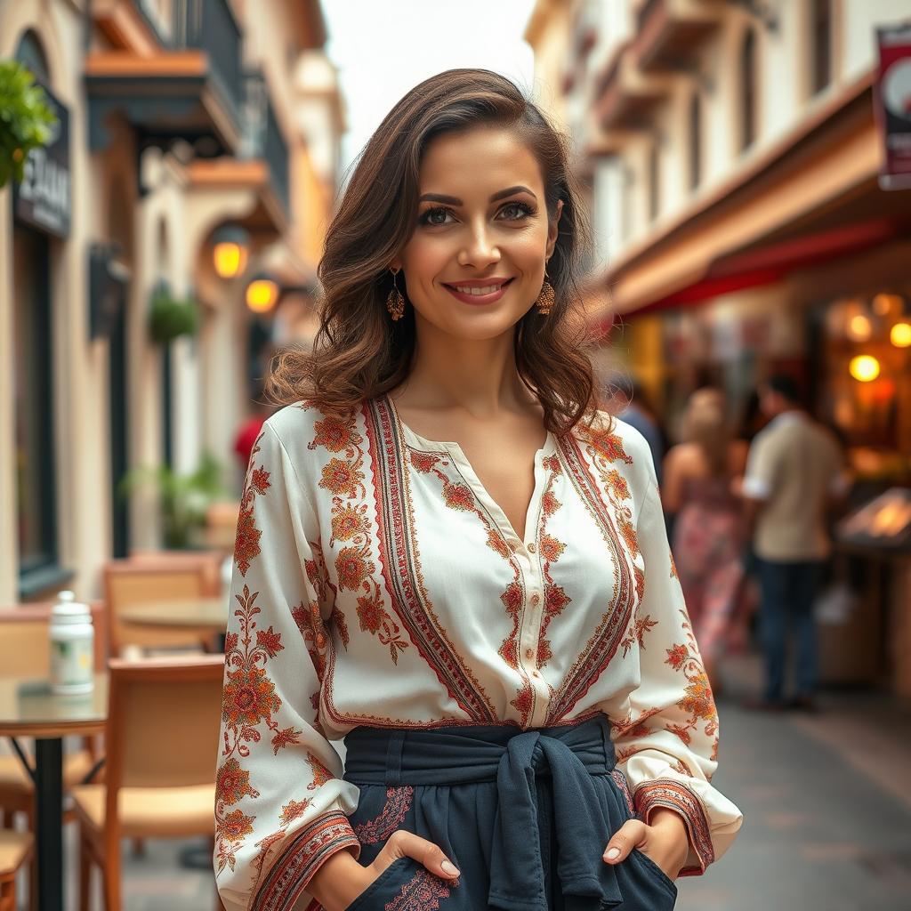 A woman of Turkish descent, aged between 30 and 45 years, elegantly dressed in a stylish outfit that blends modern and traditional elements