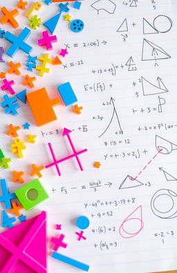 A detailed illustration of advanced algebra concepts including equations, graphs, and geometric shapes