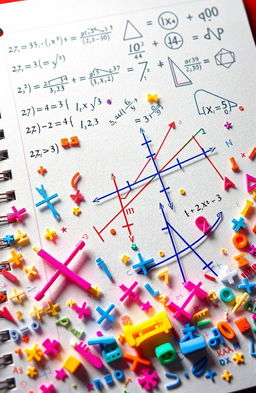 A detailed illustration of advanced algebra concepts including equations, graphs, and geometric shapes