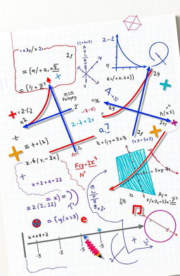 A detailed illustration of advanced algebra concepts including equations, graphs, and geometric shapes