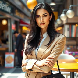 A woman of European descent with black hair, aged between 30 and 45 years, elegantly dressed in a sophisticated outfit that showcases her style