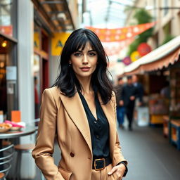 A woman of European descent with black hair, aged between 30 and 45 years, elegantly dressed in a sophisticated outfit that showcases her style