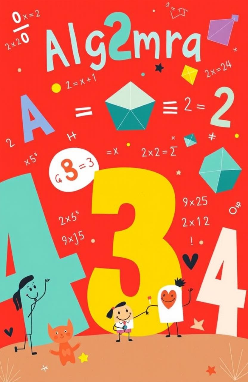 A vibrant and playful illustration of mathematics and algebra, featuring whimsical representations of algebraic equations and symbols