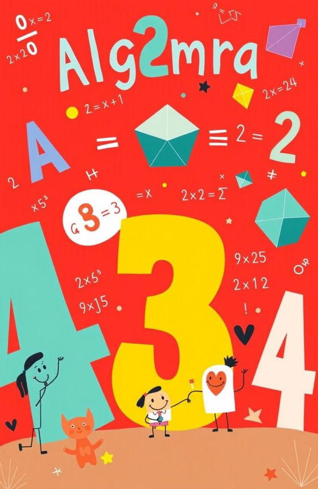 A vibrant and playful illustration of mathematics and algebra, featuring whimsical representations of algebraic equations and symbols