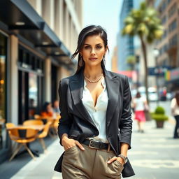 A woman of European descent with black hair, aged between 30 and 45 years, stylishly dressed in a fashionable outfit that emphasizes her elegance and personality