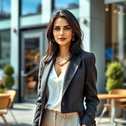 A woman of European descent with black hair, aged between 30 and 45 years, stylishly dressed in a fashionable outfit that emphasizes her elegance and personality