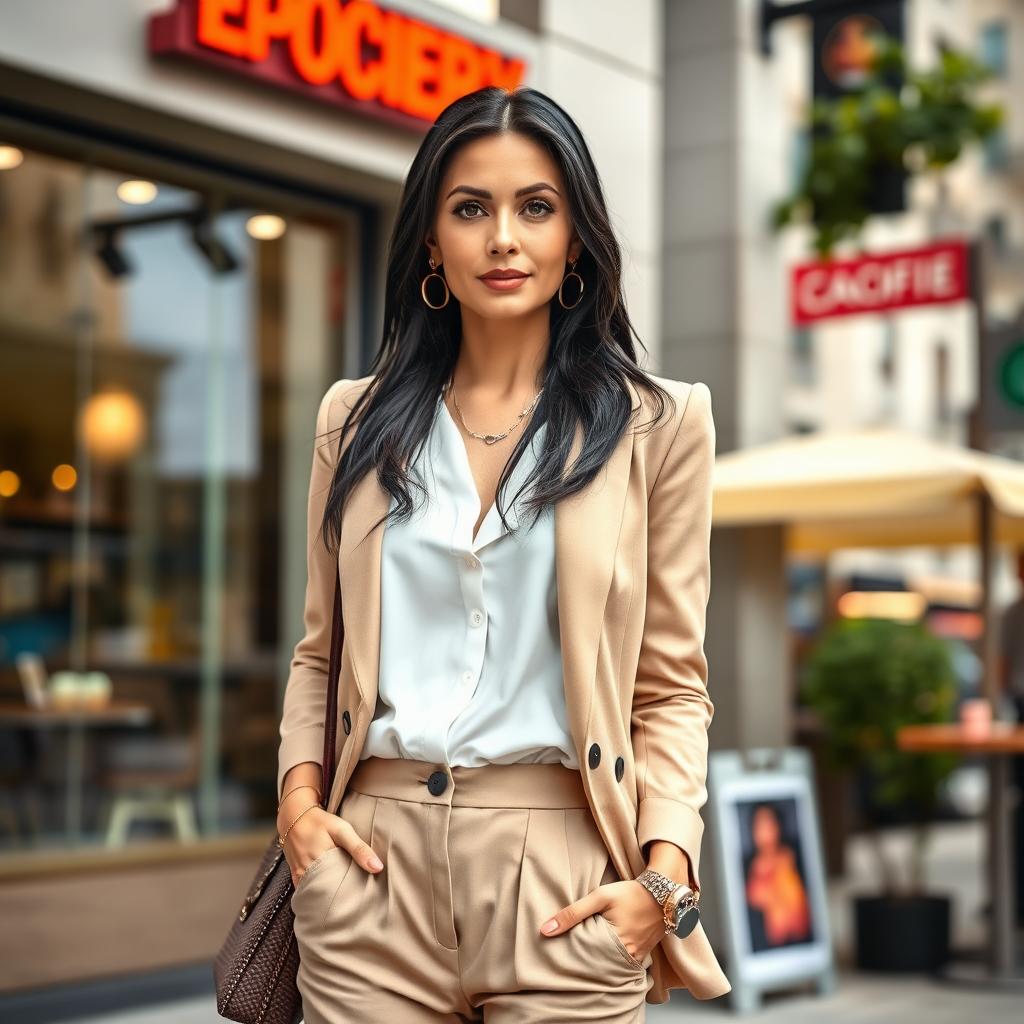 A woman of European descent with black hair, aged between 30 and 45 years, stylishly dressed in a fashionable outfit that emphasizes her elegance and personality