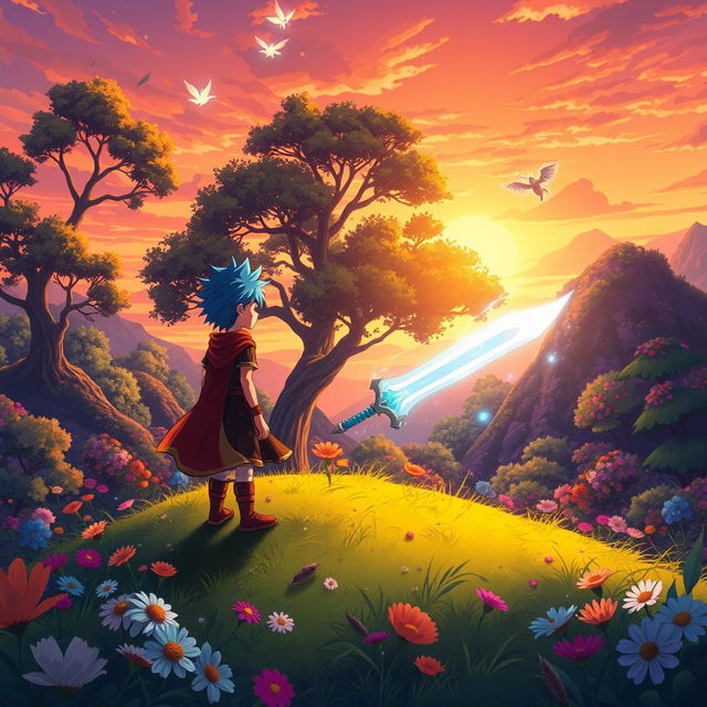 A vibrant anime-style scene of a lush, fantastical forest during sunset, with colorful flowers blooming under towering trees