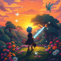 A vibrant anime-style scene of a lush, fantastical forest during sunset, with colorful flowers blooming under towering trees