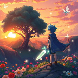 A vibrant anime-style scene of a lush, fantastical forest during sunset, with colorful flowers blooming under towering trees