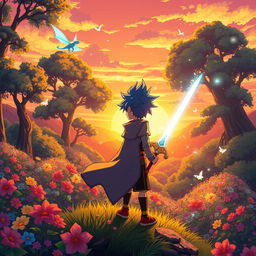 A vibrant anime-style scene of a lush, fantastical forest during sunset, with colorful flowers blooming under towering trees