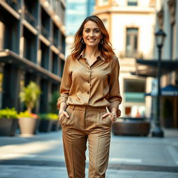 A woman of European descent, aged between 30 and 43 years, stylishly dressed in a modern outfit that showcases her individuality
