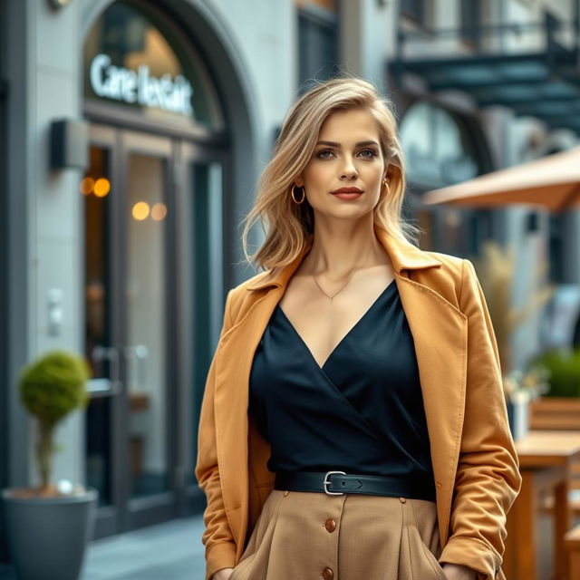 A woman of European descent, aged between 30 and 43 years, stylishly dressed in a contemporary outfit that reflects her personality