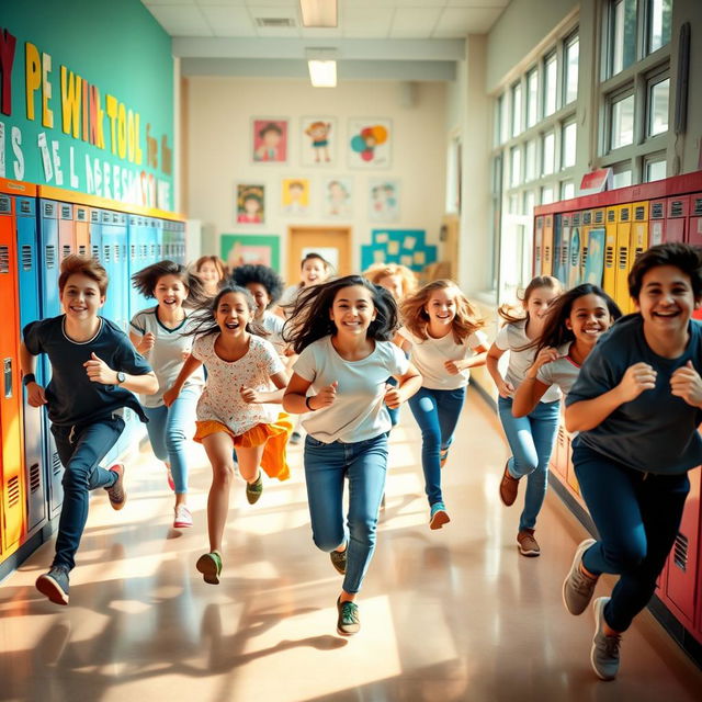 A lively scene of a group of students joyfully running in a school environment