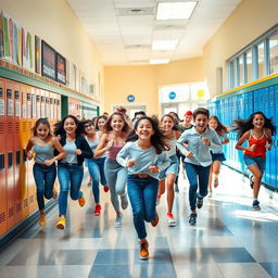 A lively scene of a group of students joyfully running in a school environment